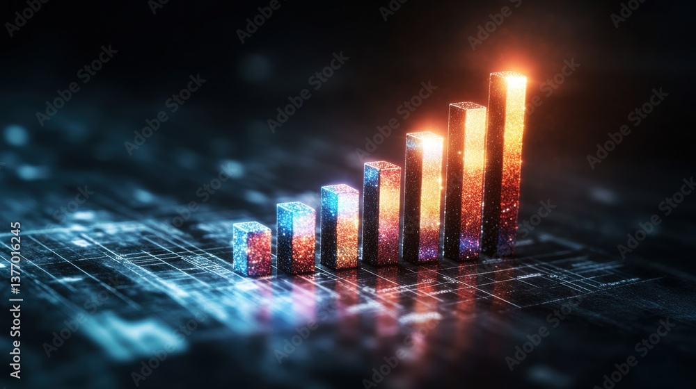 Poster a glowing ascending bar graph of textured blocks on a circuit board background illustrating technolo