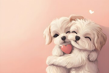 puppy love concept Two adorable puppies hugging and sharing a heart on a soft pink background. pride month concept