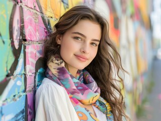 Fashion model posing against colorful street art urban setting portrait photography vibrant environment close-up view
