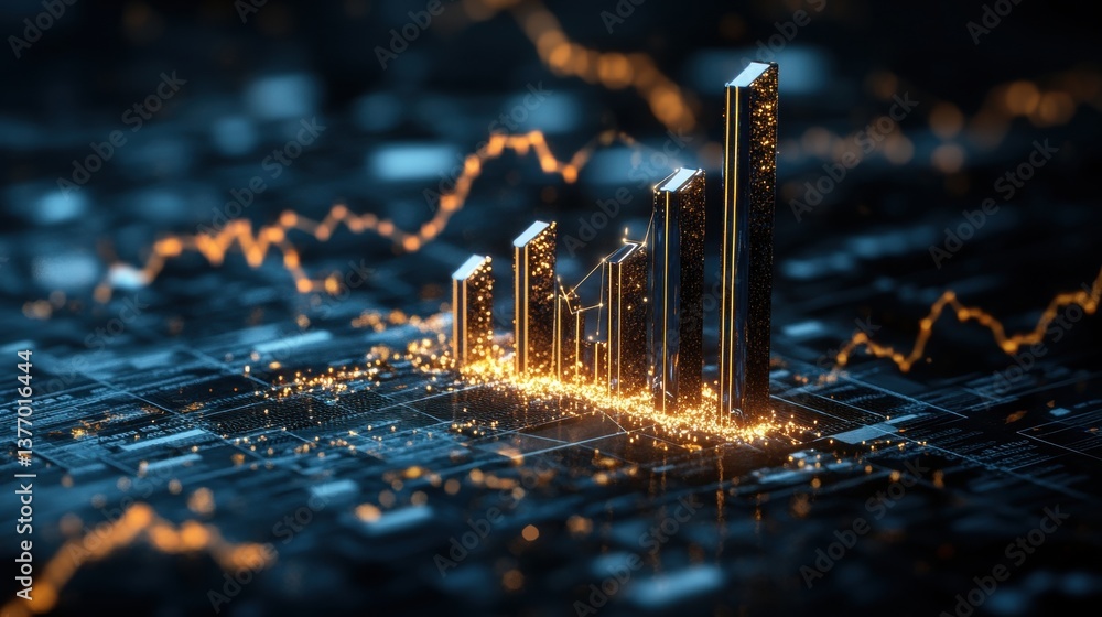 Poster 3d stylized rende of glowing metallic bar graph on circuit board surface with dynamic orange stock m