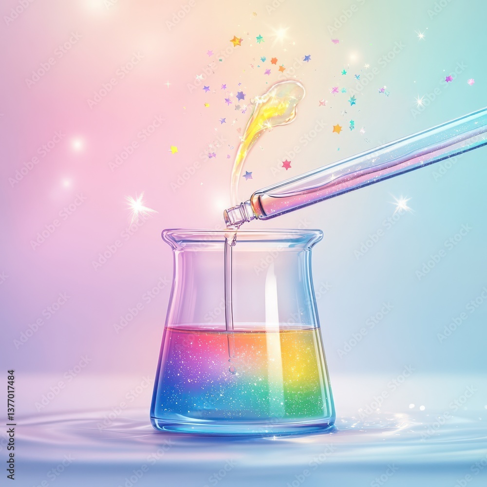 Poster animated magical pipette extracting colorful liquid in science laboratory fantasy environment gigapi