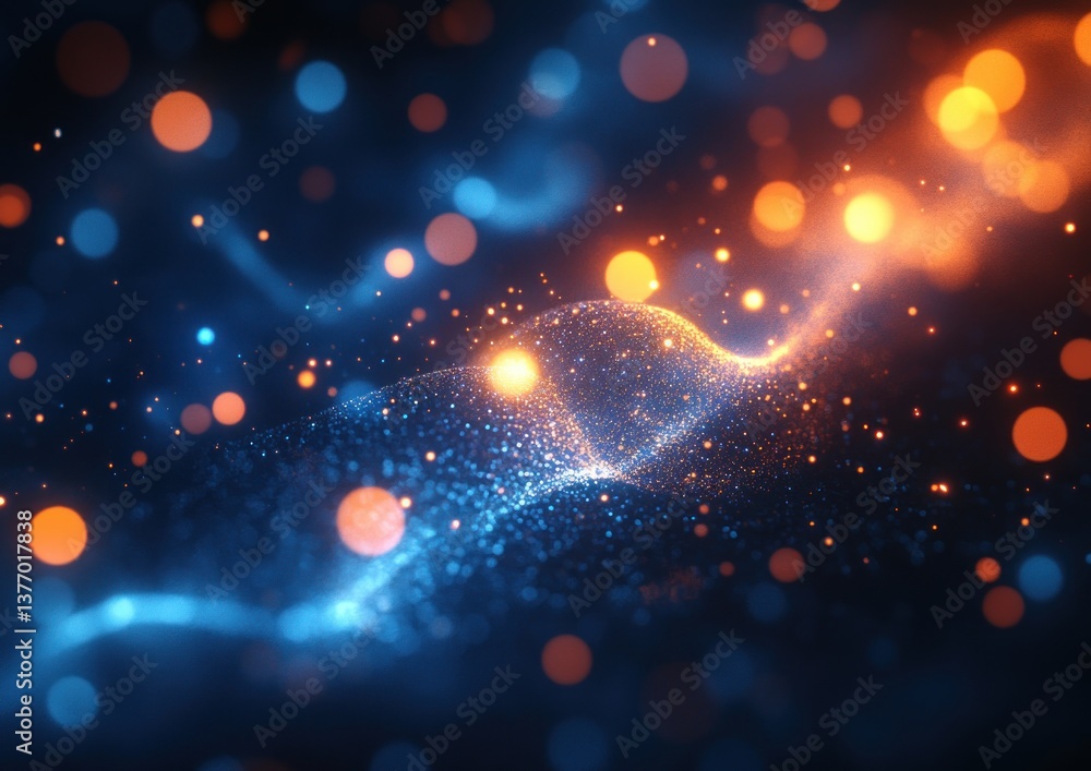 Poster dreamy abstract digital art with blue background bokeh effect soft glowing orbs light trails