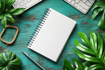 Minimalist flat lay workspace with white notebook silver pen green plant and keyboard on white desk