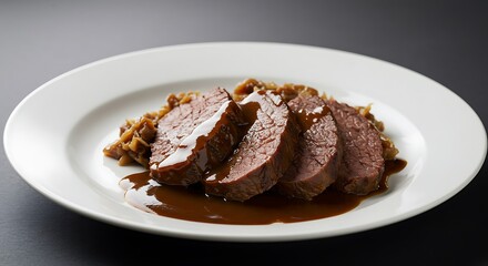 Delicious Sliced Roast Beef with Gravy on White Plate for Dinner