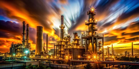 Fototapeta premium Night Oil Refinery Long Exposure Industrial Landscape Photography