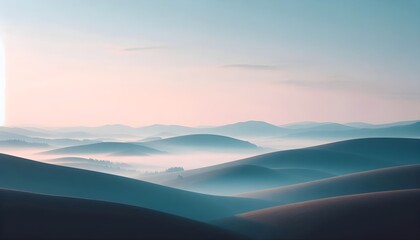 Fototapeta premium Peaceful countryside view with misty rolling hills and a delicate gradient sunset.