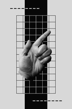 Mixed media collage with hand against grid