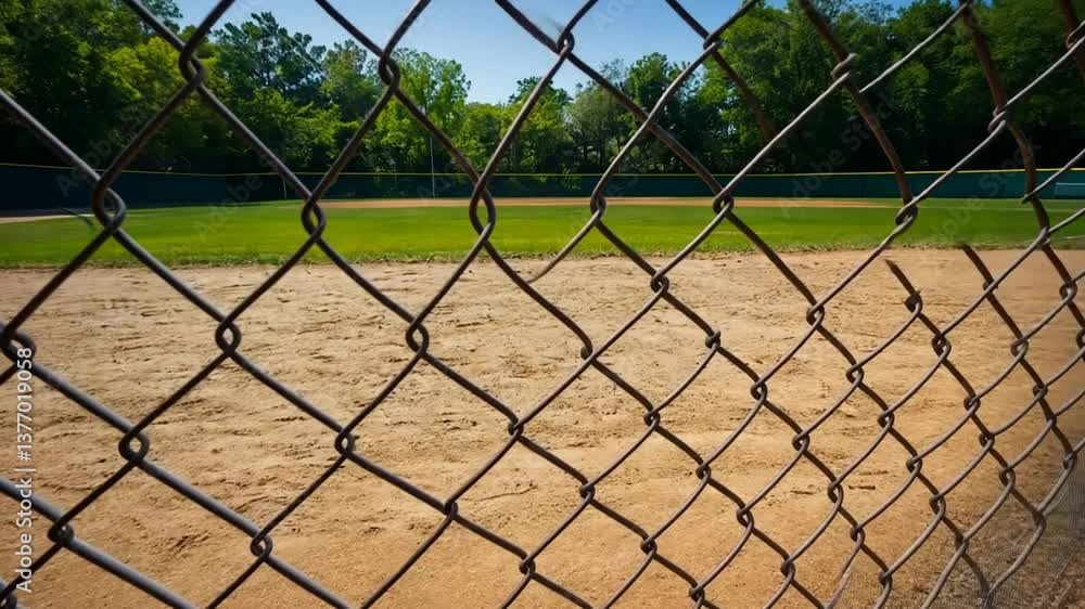 Poster Empty Baseball Field Through Chain Link Fence Surrounded by Greenery Generative AI