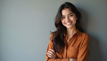 Obraz premium Portrait of young latin woman. She smiles, shows white teeth, arms crossed on grey background. Hispanic beauty, content happy female, confident, positive emotion. Casual wear, modern style.