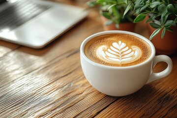 Minimalist Coffee Scene on Wooden Table with Latte Art and Laptop in Natural Sunlight