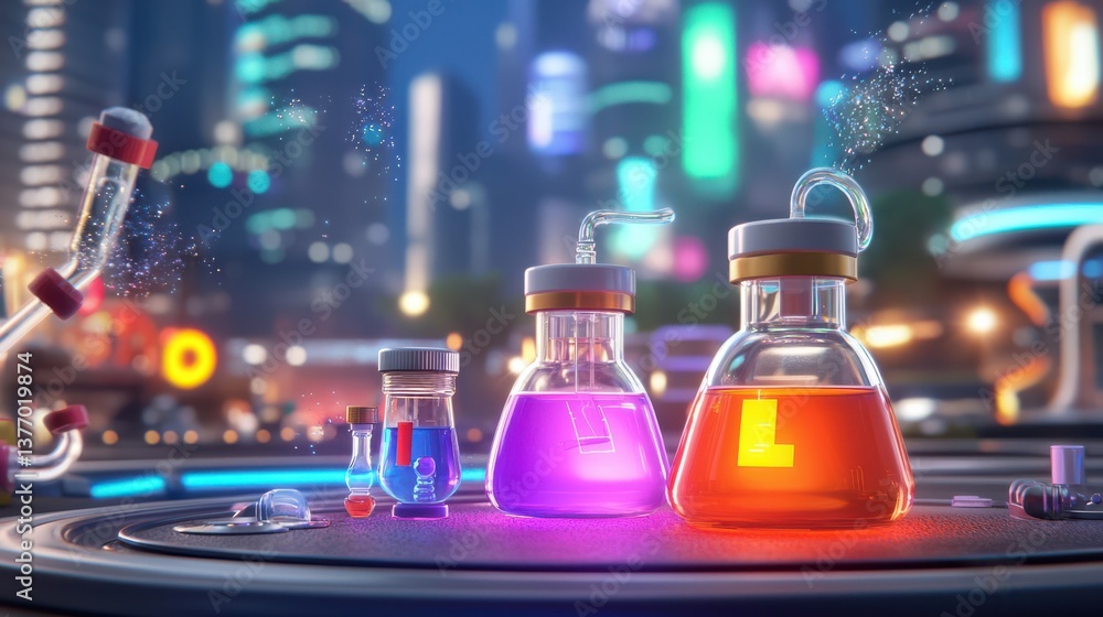 Poster futuristic laboratory experiment with colorful beakers high-tech city digital render nighttime scien