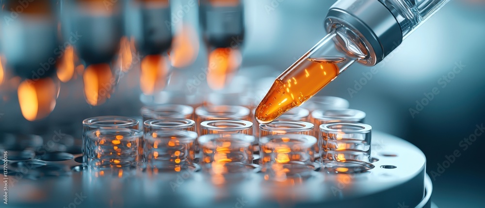 Poster a time-lapse composite image showcasing the precision and automation of a laboratory pipette, a cruc