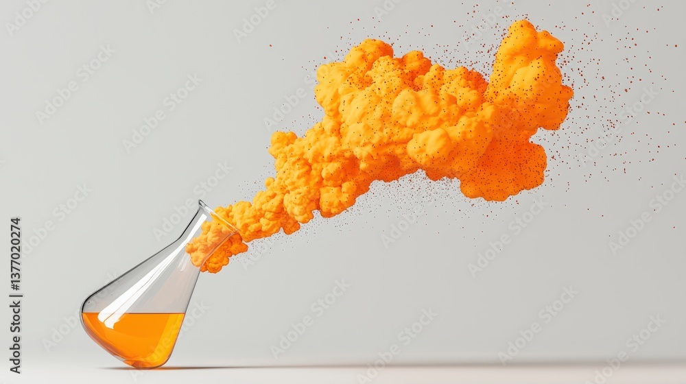 Poster dynamic experiment beaker on fire with orange smoke laboratory digital render abstract science conce