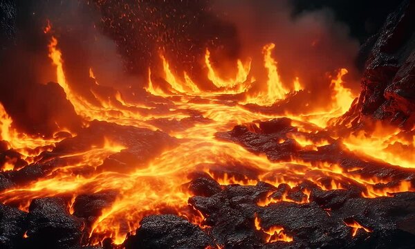 Fiery river of flowing lava descends dark rock formation, billowing smoke
