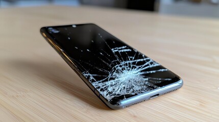 Broken smartphone screen on wooden table. Cracked glass display.
