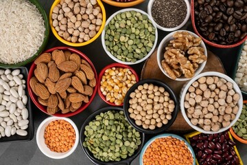 several pots with raw grains for preparing healthy food