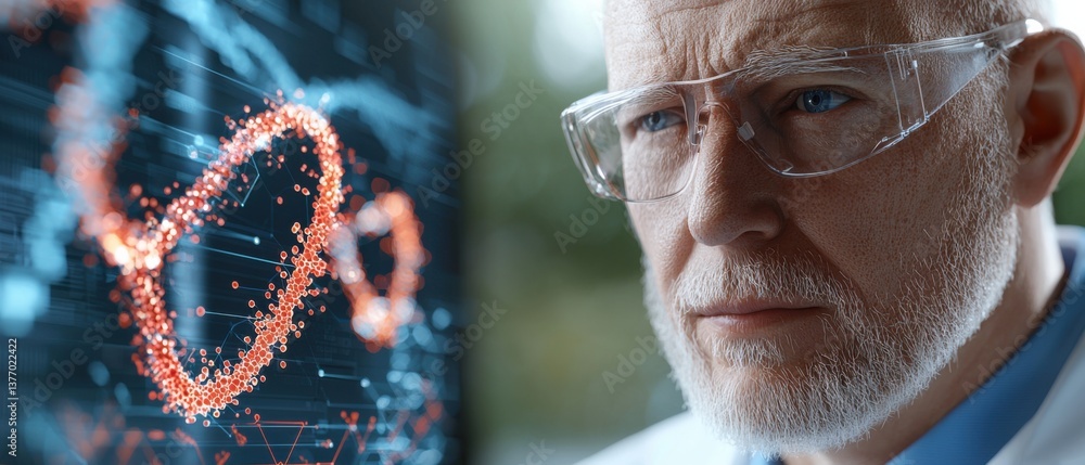 Poster a professional scientist in a white lab coat carefully examining dna samples under a microscope duri
