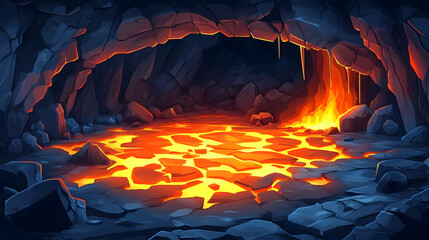 Pixel Art Lava Cave Interior with Glowing Molten Rock and Rough Stone Walls a Hot Volcanic Landscape
