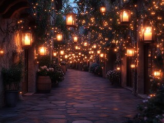 Fototapeta premium Cobblestone street aglow with warm lanterns in a quaint European alleyway