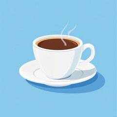 Obraz premium Warm cup of coffee placed on a white saucer against a smooth blue background, inviting comfort and relaxation during a morning routine