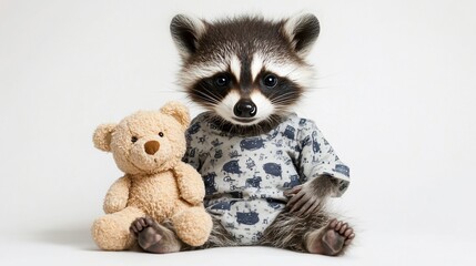 Adorable raccoon wearing pajamas, cuddling a teddy bear against white background