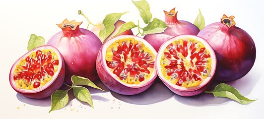 Naklejka premium White background with drawings of colorful passion fruit for children, ai generative