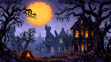 Fototapeta premium Pixel Art of a Haunted House Under a Full Moon at Night in a Spooky Forest With an Eerie and Dark Gothic Architecture
