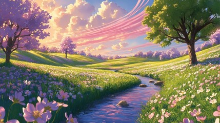 Enchanting Spring Landscape with Blossoming Flowers Pink Sunset Peaceful Stream Scenic Meadows Majestic Trees Vibrant Skies Calming Pastel Colors Nature Background
