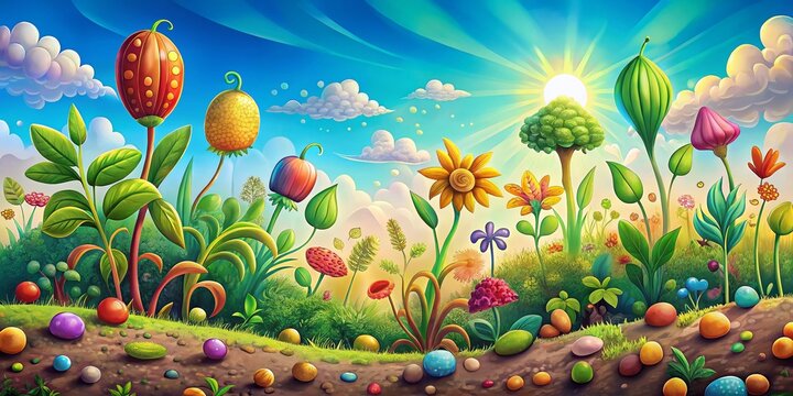 Panoramic Cartoon Seed Sprouting, Colorful Garden, Happy Seeds,  Vibrant Nature, Springtime Growth