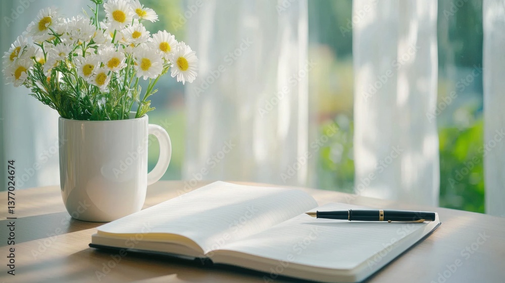Poster a serene and organized workspace with a minimalist journal, creating a calming and environment for p