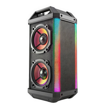 A high-energy portable speaker with dual RGB lights, perfect for vibrant outdoor parties. Its stylish design and powerful sound enhance any festive atmosphere.