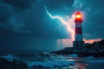 Lighthouse beam shines through the darkness as stormy clouds gather in the sky, sea, wave, lightning