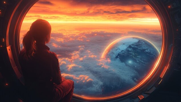 Stunning View of Earth from Spacecraft Window with Cupola Porthole and Soft Ambient Lighting