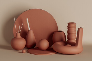 Decorative clay figures in soft brown hues arranged artistically