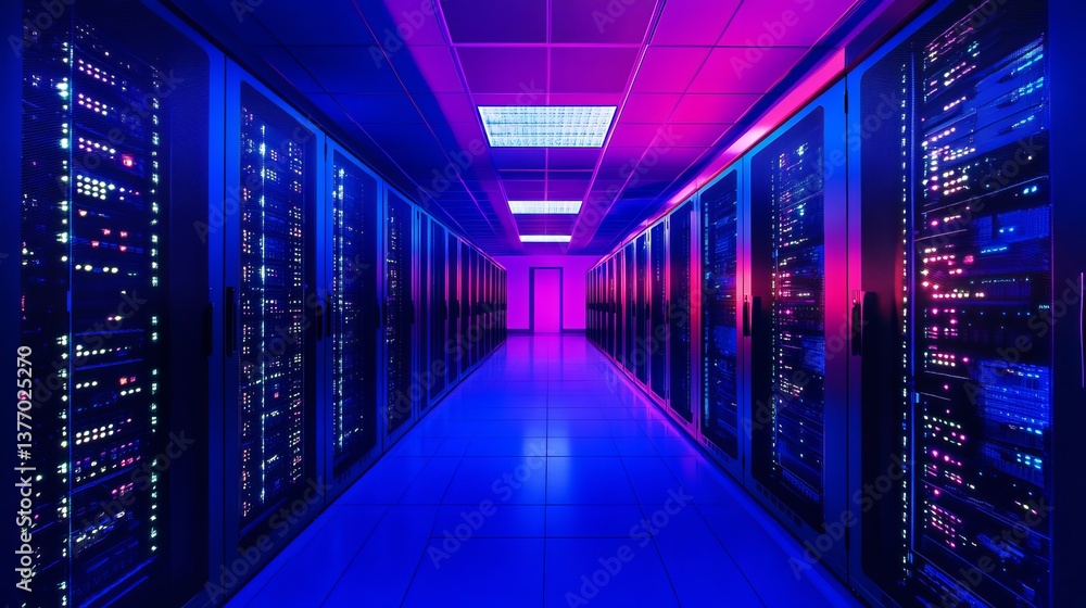 Poster modern data center server room technology digital infrastructure network powerful computing servers 