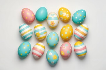 Fototapeta premium Delightful collection of Easter eggs showcases vibrant colors and whimsical designs, perfect for adding joy to spring festivities and holiday gatherings. Each egg reflects cheerful creativity.