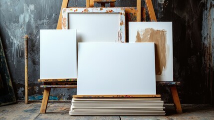 Blank canvases on easel in artist's studio.