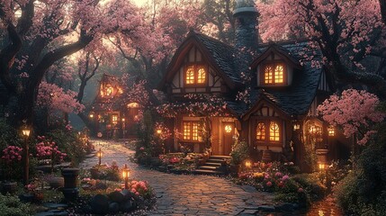 Fototapeta premium Cozy cottage scene; glowing windows, blossoms, stone path, warm lighting