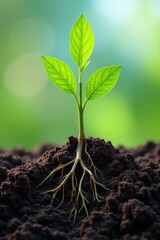 Plant with roots and soil texture in landscape, earthy, plant