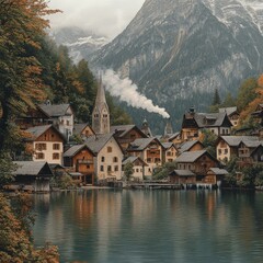 Obraz premium Enchanting Lake Village and Mountain Landscape Scenic View with Traditional Alpine Houses Reflecting on Water Serene Autumn Nature Scene Cozy Village Photography