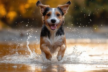 active happy dog jumping into shallow water playfully running summertime outdoors