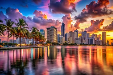 Fototapeta premium Panoramic Miami Beach Skyline at Sunset, Vibrant Cityscape View