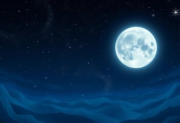 Anime-style full moon, starry night, shimmering stars, dark skyline, bright moonlight, mysterious space, night, graphic