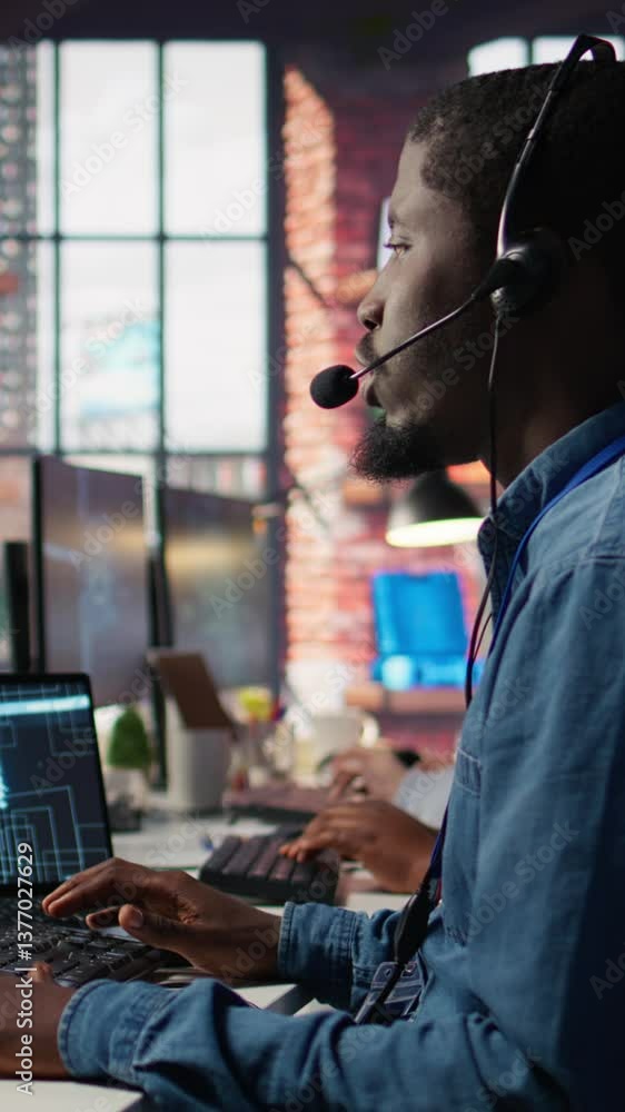 Poster vertical video call center worker in office using ai chatbot to answer customer questions. man doing