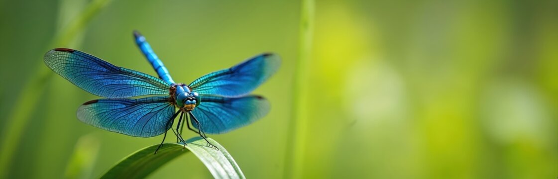 Vibrant blue dragonfly Calopteryx virgo perched on green leaf. Insect wings display intricate patterns against blurry green background. Wildlife photo captures nature beauty, summer atmosphere. - Powered by Adobe