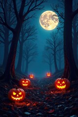 Fototapeta premium Spooky moonlit forest with glowing jack-o-lanterns, trees, autumn night, shadows
