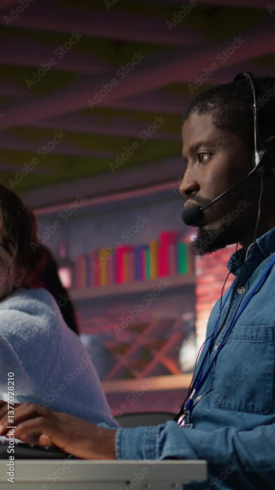 Poster vertical video call center manager supervising agent providing step by step guidance to customers. c