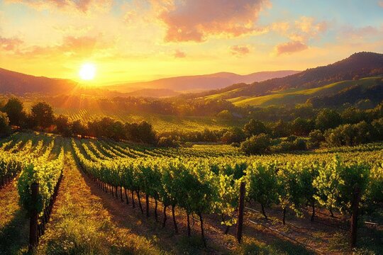 Vineyard Landscape at Sunset Aerial View in Countryside Nature with Rolling Hills and Glowing Sunlight