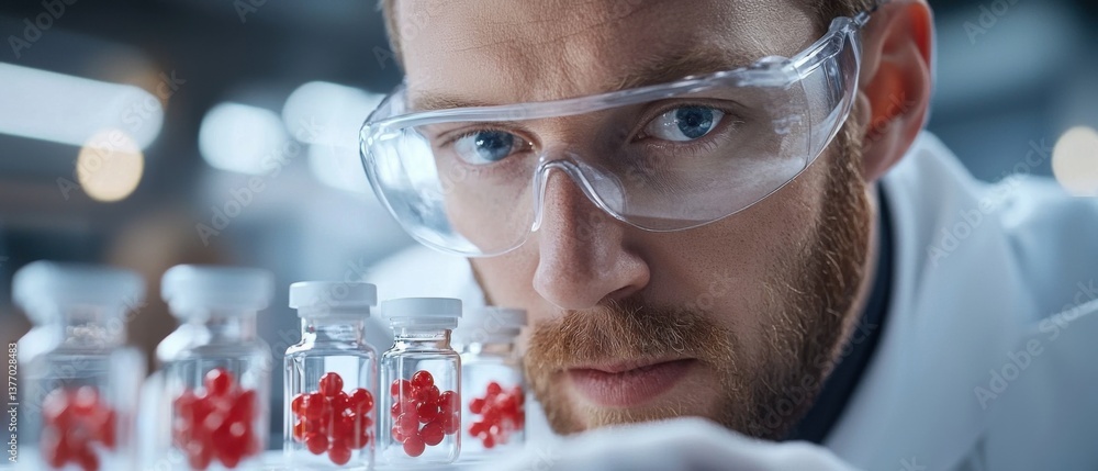 Poster a sleek, high-tech laboratory with a scientist examining data and conducting research using advanced