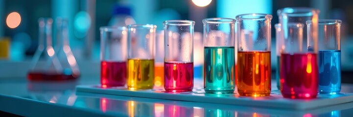 Array of test tubes with colorful liquids in laboratory setting for biochemical analysis, samples, solution